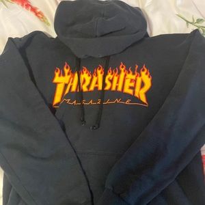 black, red, orange and yellow thrasher flame hoodie.